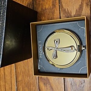 Monet Compact Double Mirror Gold Tone Cross With Crystals